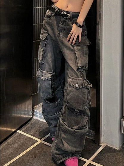 Distressed Black Multi Pocket Baggy Cargo Jeans