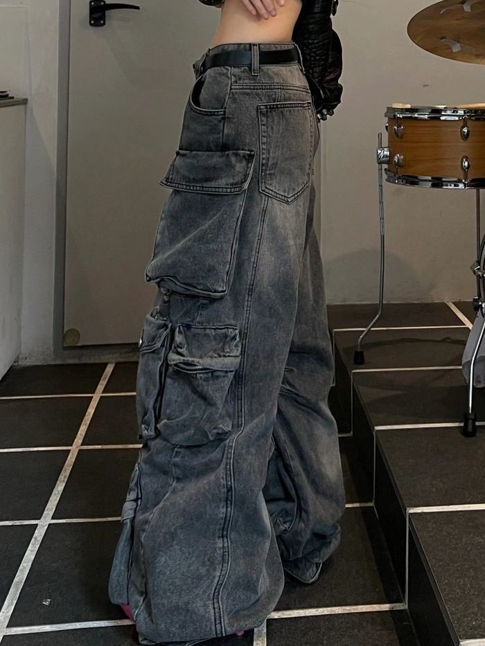 Distressed Black Multi Pocket Baggy Cargo Jeans