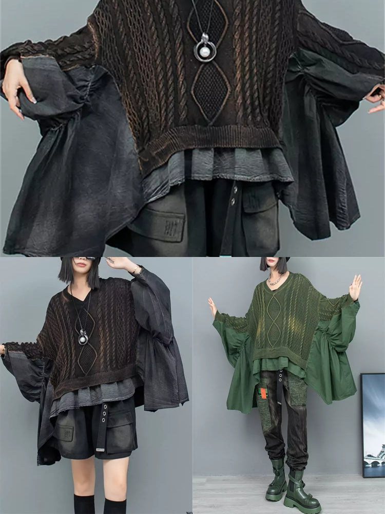 Women's Black Distressed Cable Knit Patchwork Ruffle Hem  Batwing Sleeve Sweater