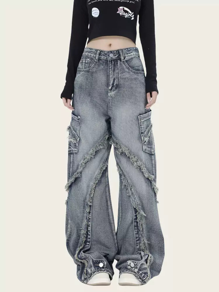 Vintage-Jeans mit ausgewaschenem Patchwork-Design und ausgefranstem, geradem Bein