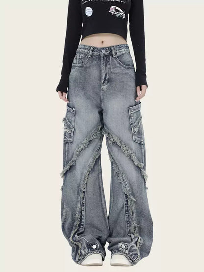 Vintage-Jeans mit ausgewaschenem Patchwork-Design und ausgefranstem, geradem Bein