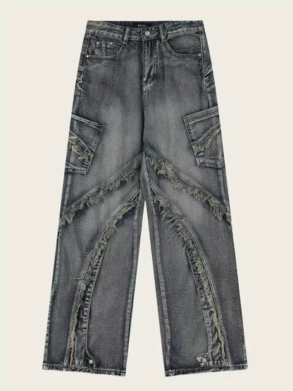 Vintage-Jeans mit ausgewaschenem Patchwork-Design und ausgefranstem, geradem Bein