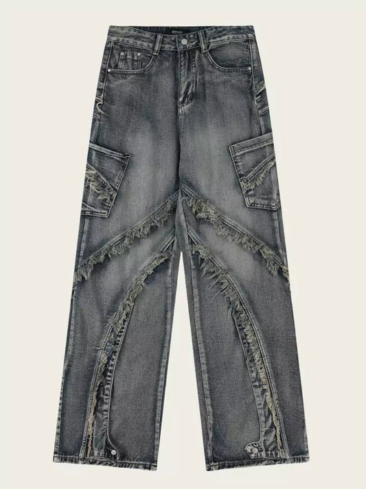 Vintage Washed Patchwork Frayed Straight Leg Jeans