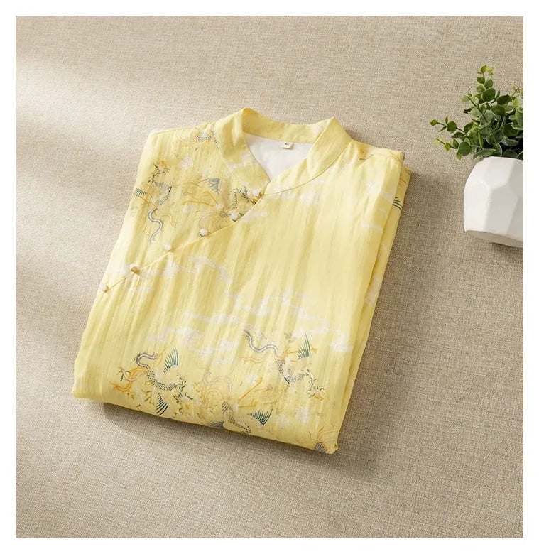 Dragon Crane Print Cotton Linen Three Quarter Sleeve Maxi Dress - detail view