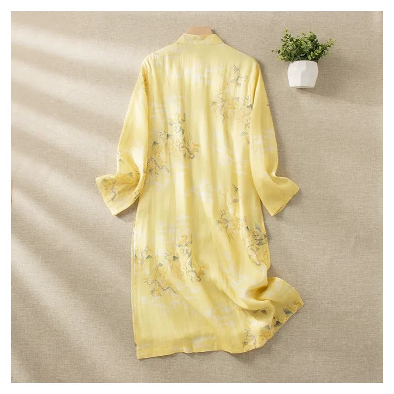 Dragon Crane Print Cotton Linen Three Quarter Sleeve Maxi Dress - detail view