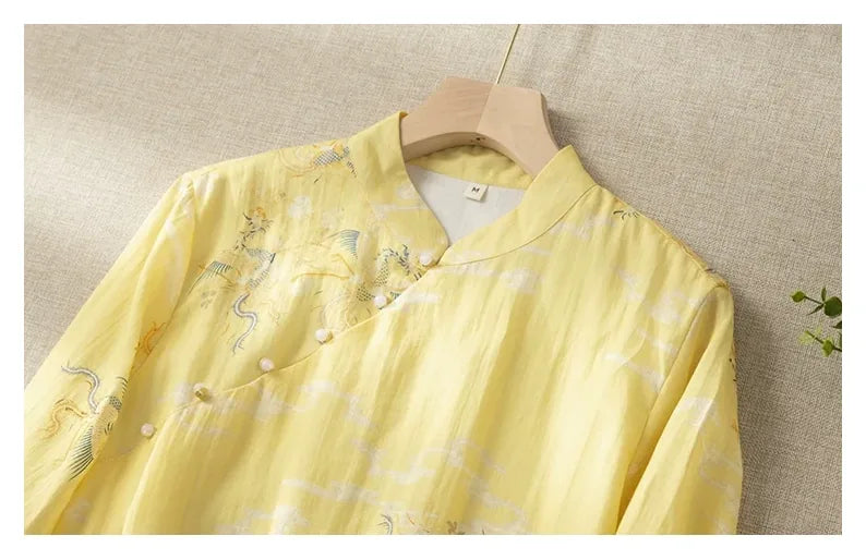 Dragon Crane Print Cotton Linen Three Quarter Sleeve Maxi Dress - detail view