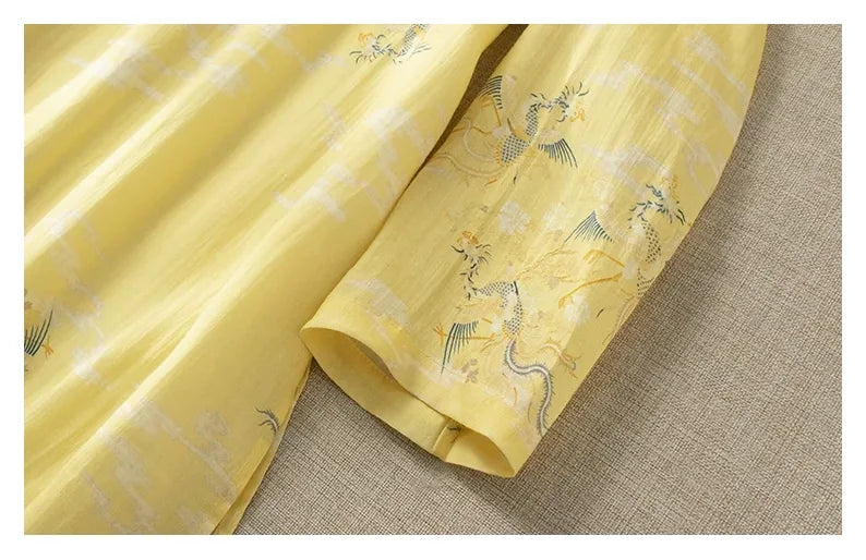 Dragon Crane Print Cotton Linen Three Quarter Sleeve Maxi Dress - detail view