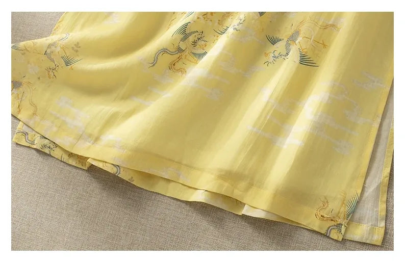 Dragon Crane Print Cotton Linen Three Quarter Sleeve Maxi Dress - detail view