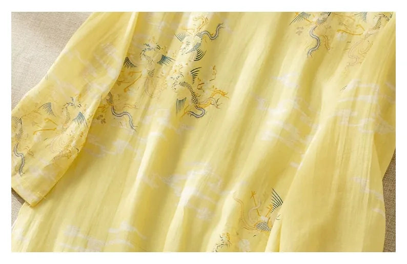 Dragon Crane Print Cotton Linen Three Quarter Sleeve Maxi Dress - detail view
