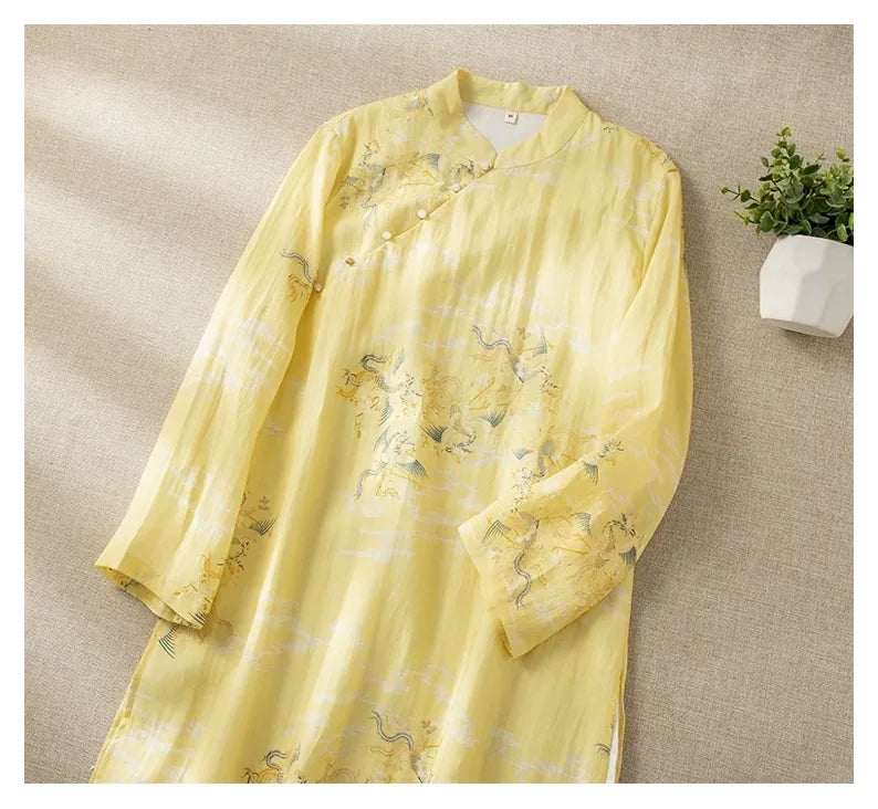 Dragon Crane Print Cotton Linen Three Quarter Sleeve Maxi Dress - detail view
