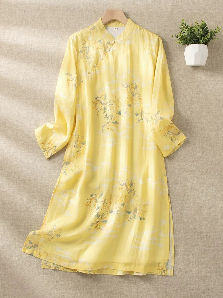 Dragon Crane Print Cotton Linen Three Quarter Sleeve Maxi Dress - main product image