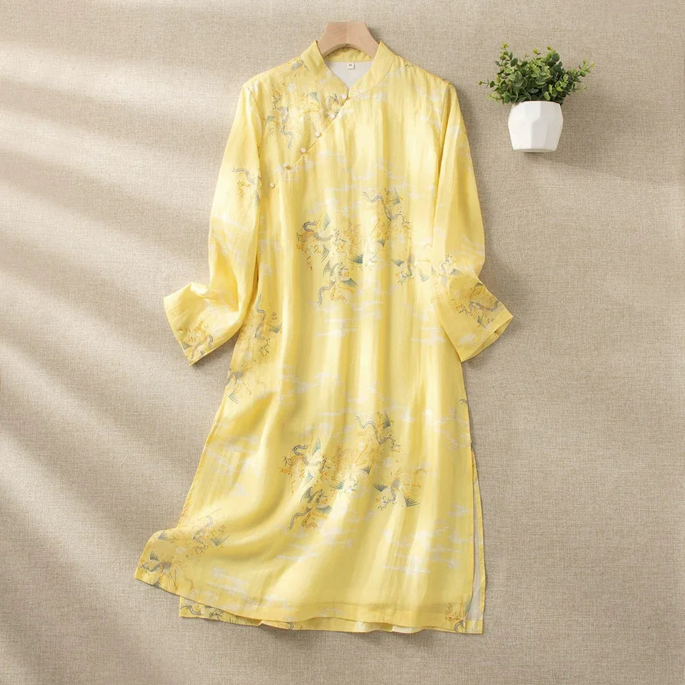 Dragon Crane Print Cotton Linen Three Quarter Sleeve Maxi Dress - product view view