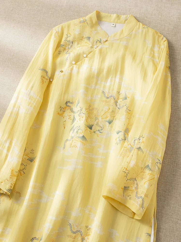 Dragon Crane Print Cotton Linen Three Quarter Sleeve Maxi Dress - product view view