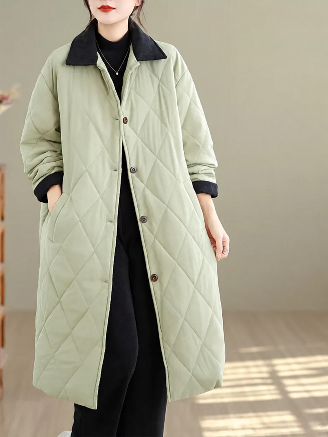 Quilted Padded Coat with Contrast Corduroy Collar
