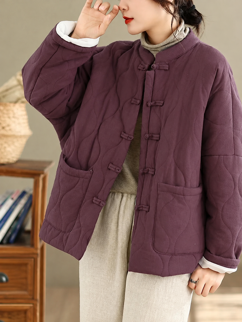 Retro Quilted Padded Jacket with Mandarin Collar and Frog Buttons