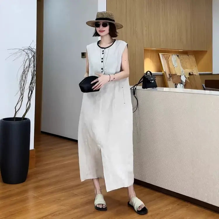 French Linen Sleeveless Midi Dress with Side Slit