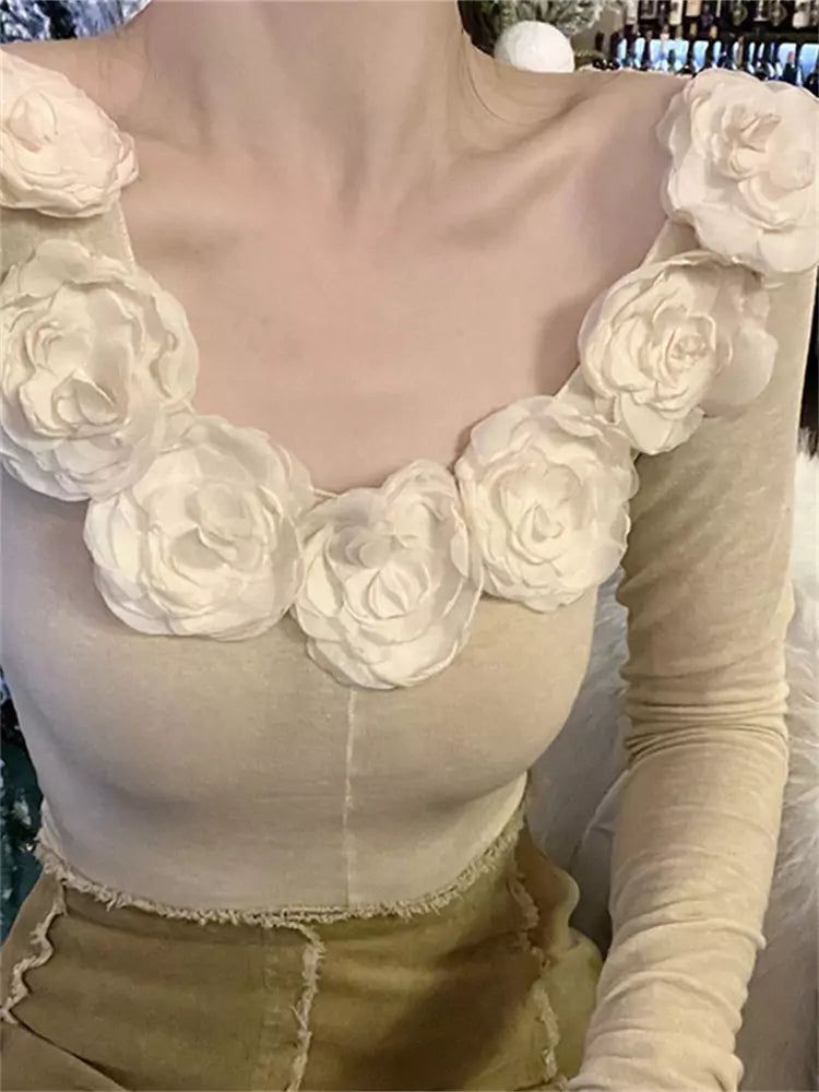 Langarm-T-Shirt im französischen Stil mit floralem Dekor