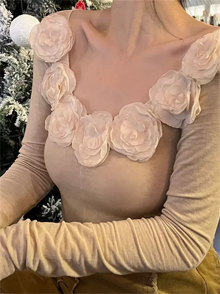 Langarm-T-Shirt im französischen Stil mit floralem Dekor