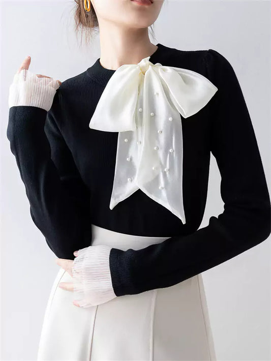 Elegant Black Bowknot Knit Top