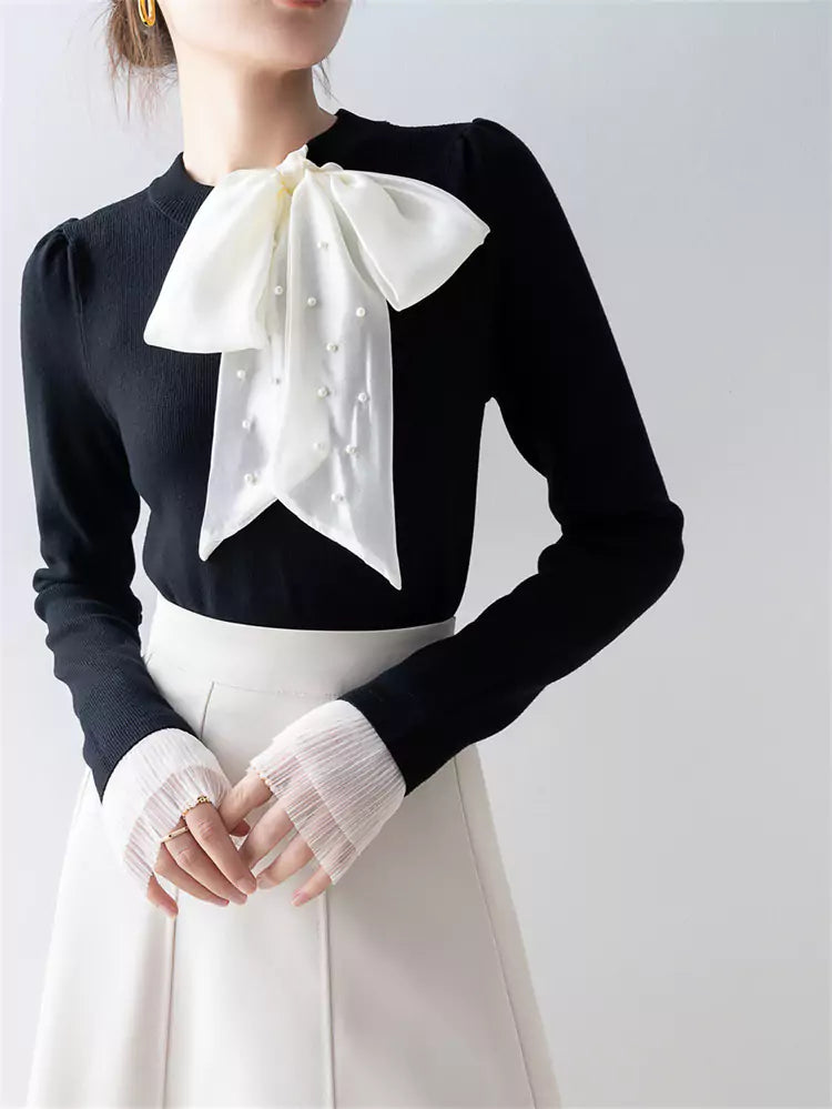 Elegant Black Bowknot Knit Top