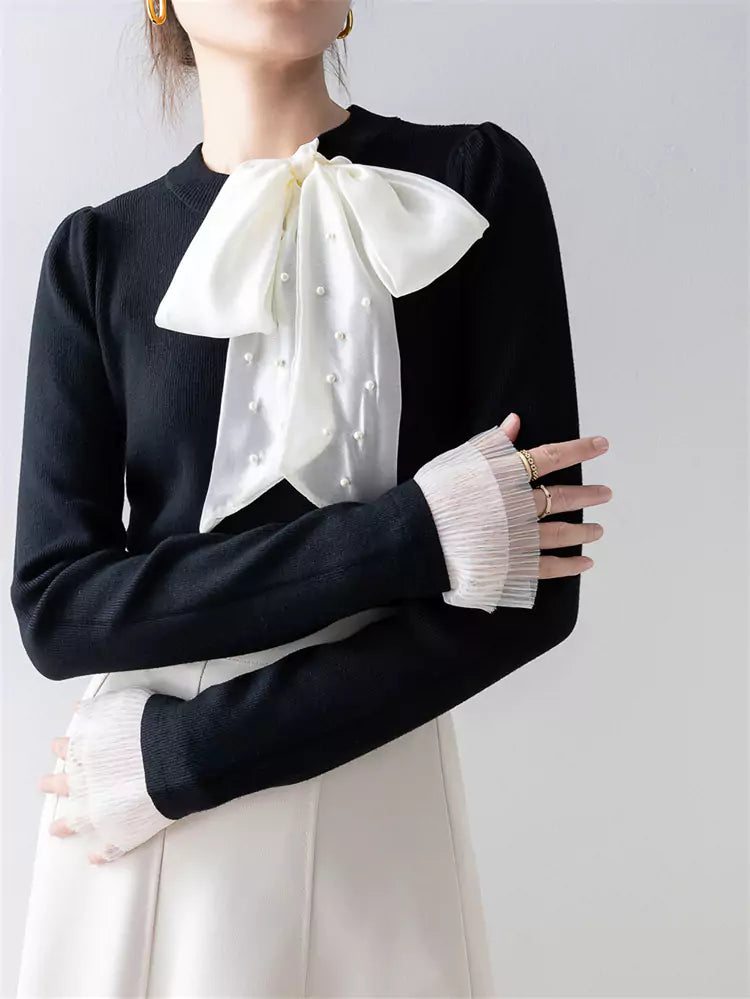 Elegant Black Bowknot Knit Top