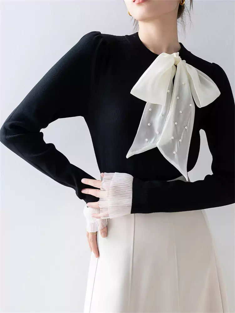 Elegant Black Bowknot Knit Top