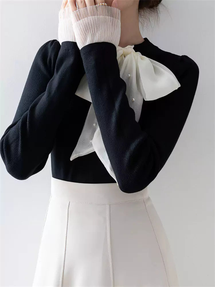 Elegant Black Bowknot Knit Top