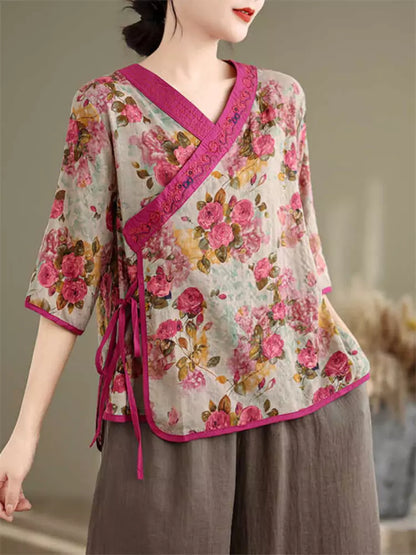 Elegant Chinese Cross-Collar Floral Print Ramie Shirt with Embroidery