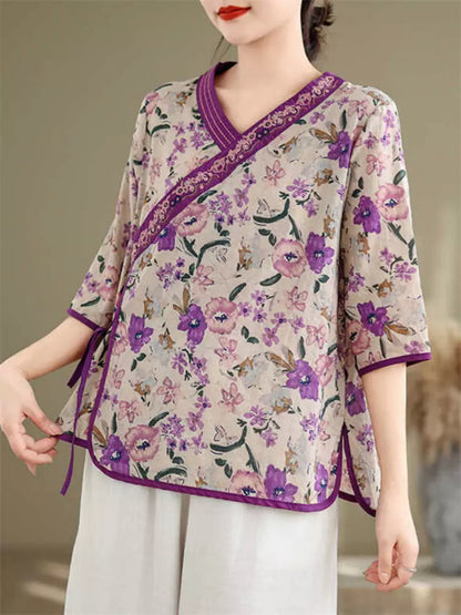 Elegant Chinese Cross-Collar Floral Print Ramie Shirt with Embroidery