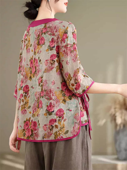 Elegant Chinese Cross-Collar Floral Print Ramie Shirt with Embroidery