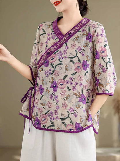 Elegant Chinese Cross-Collar Floral Print Ramie Shirt with Embroidery