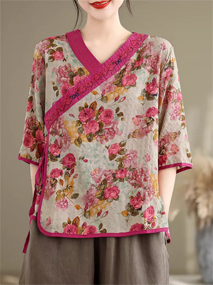 Elegant Chinese Cross-Collar Floral Print Ramie Shirt with Embroidery