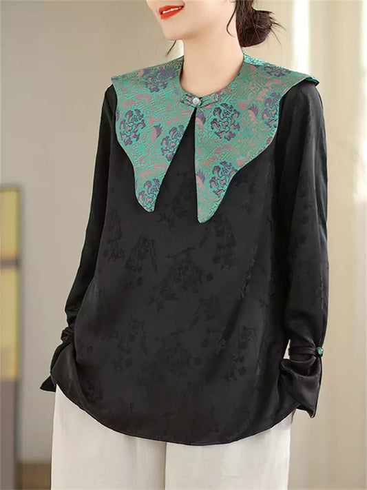 Elegant Chinese-style Jacquard Draped Shoulder Shirt Long Sleeve