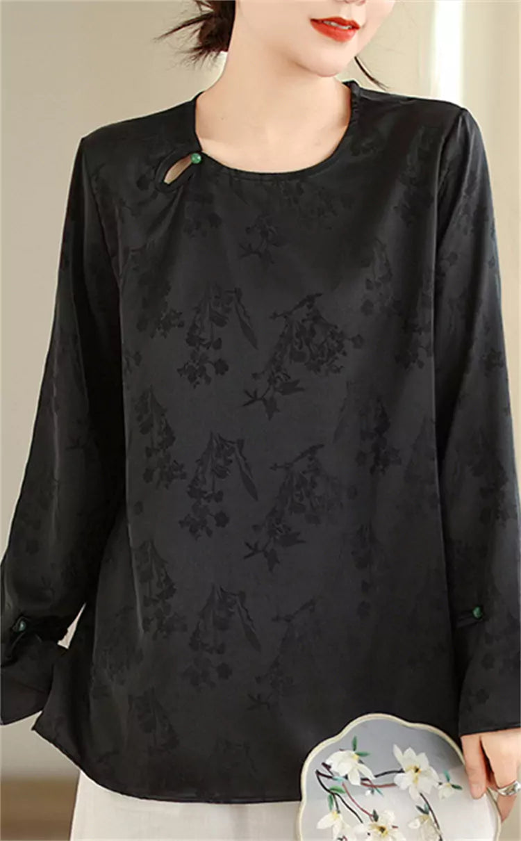 Elegant Chinese-style Jacquard Draped Shoulder Shirt Long Sleeve