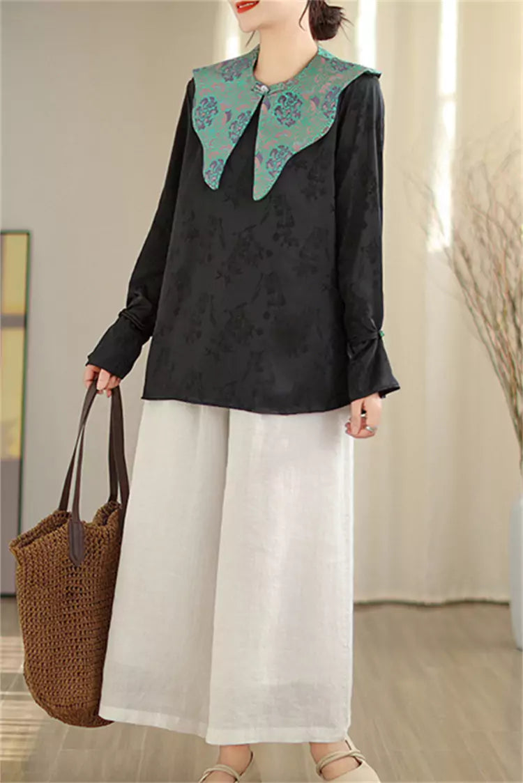 Elegant Chinese-style Jacquard Draped Shoulder Shirt Long Sleeve