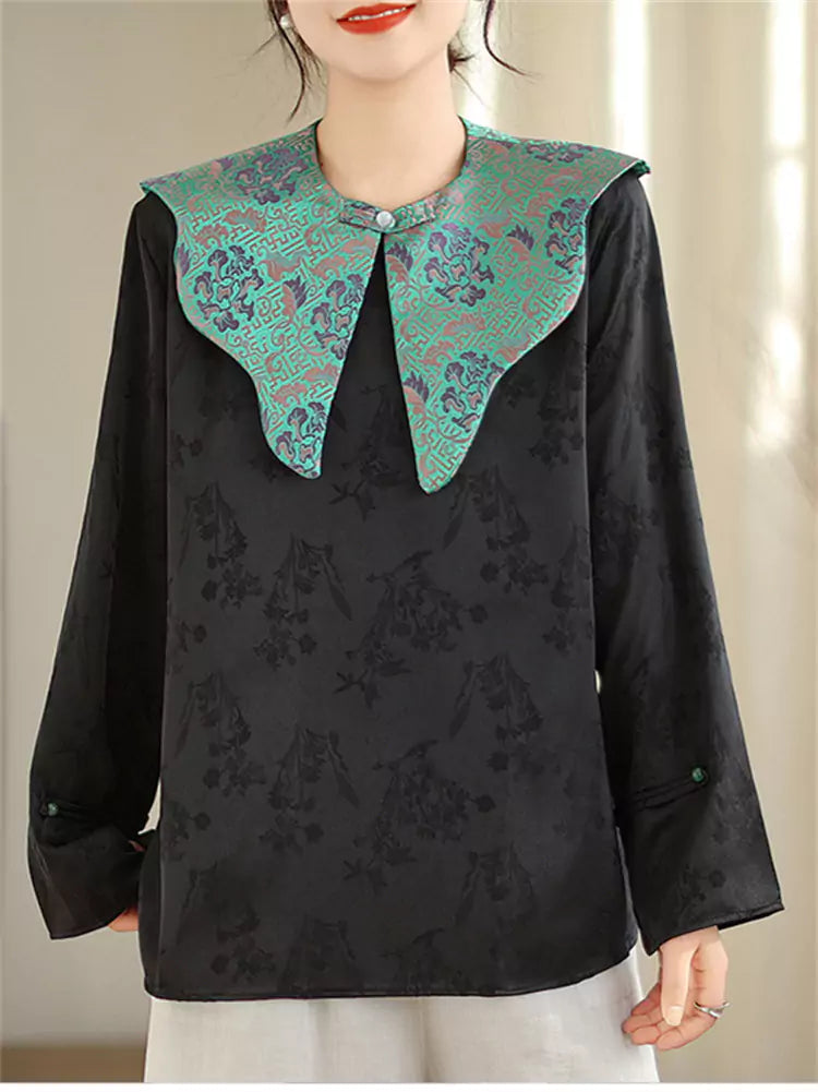 Elegant Chinese-style Jacquard Draped Shoulder Shirt Long Sleeve