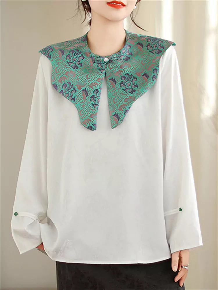 Elegant Chinese-style Jacquard Draped Shoulder Shirt Long Sleeve