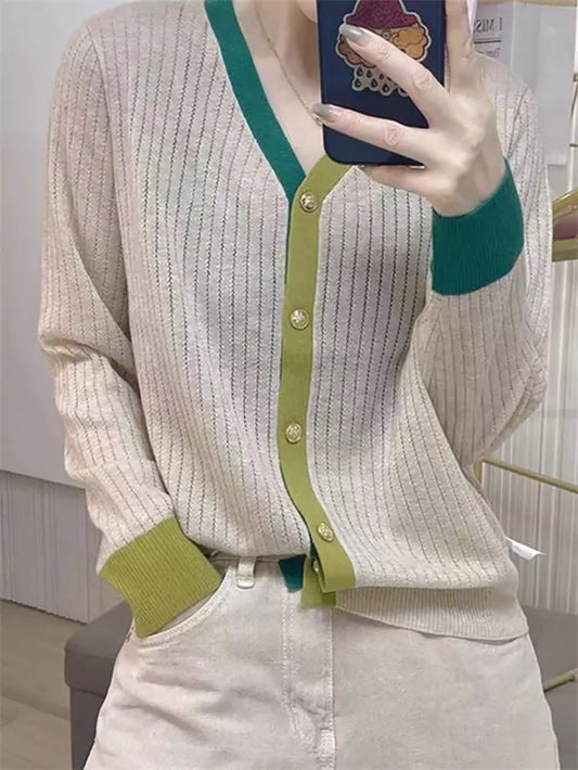 Elegant Contrast Color V-neck Knit Cardigan