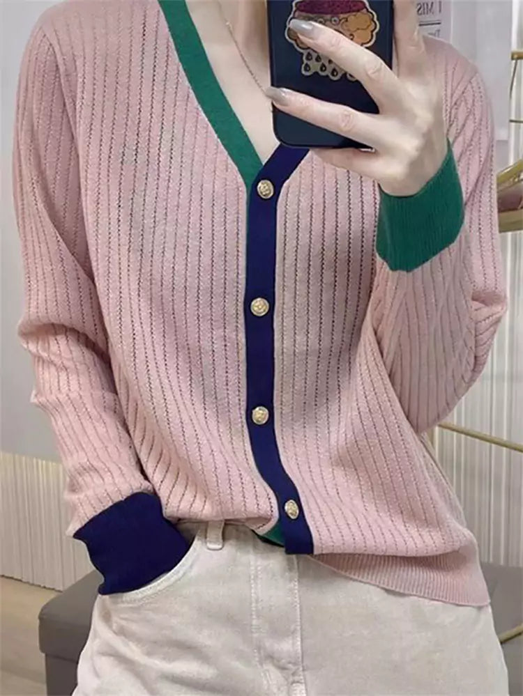 Elegant Contrast Color V-neck Knit Cardigan