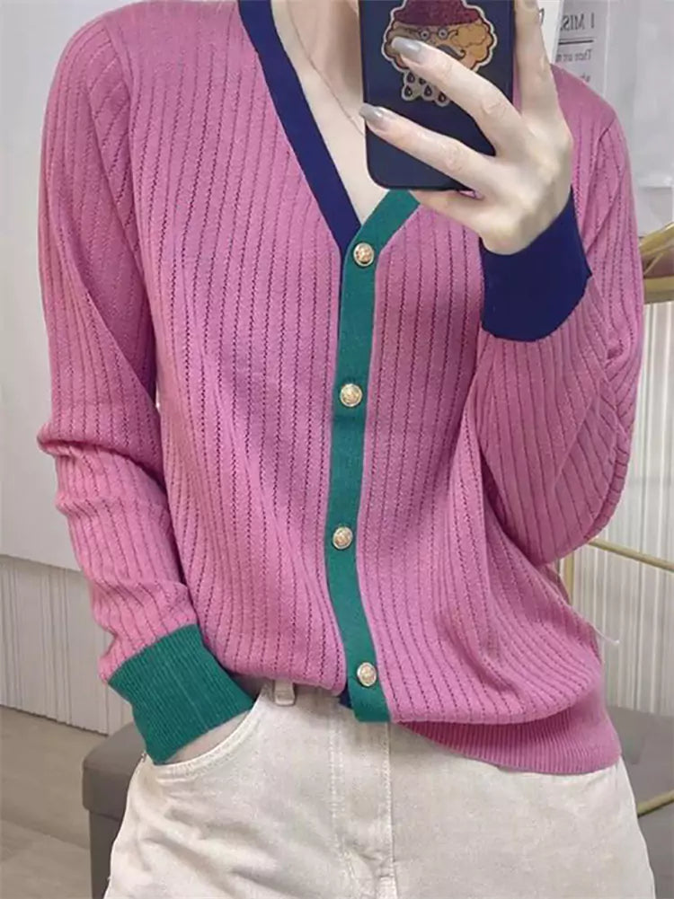 Elegant Contrast Color V-neck Knit Cardigan