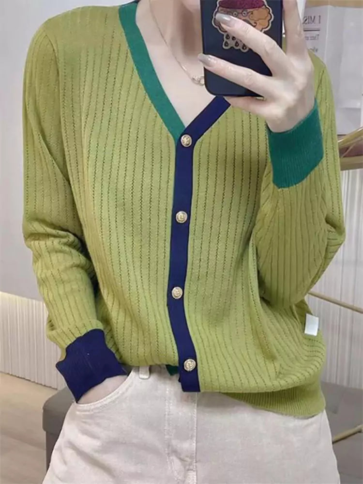 Elegant Contrast Color V-neck Knit Cardigan