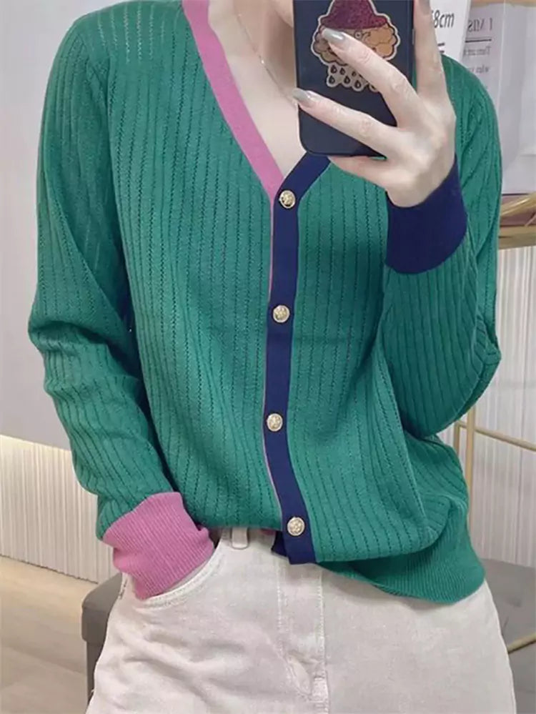 Elegant Contrast Color V-neck Knit Cardigan