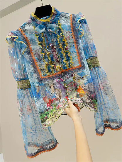 Elegante Bluse im Court-Stil mit floralem Print, Rüschenbesatz und Schleifendetail