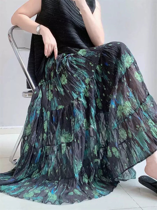 Fashion Elegant Elastic Waist Floral Print Maxi Skirt