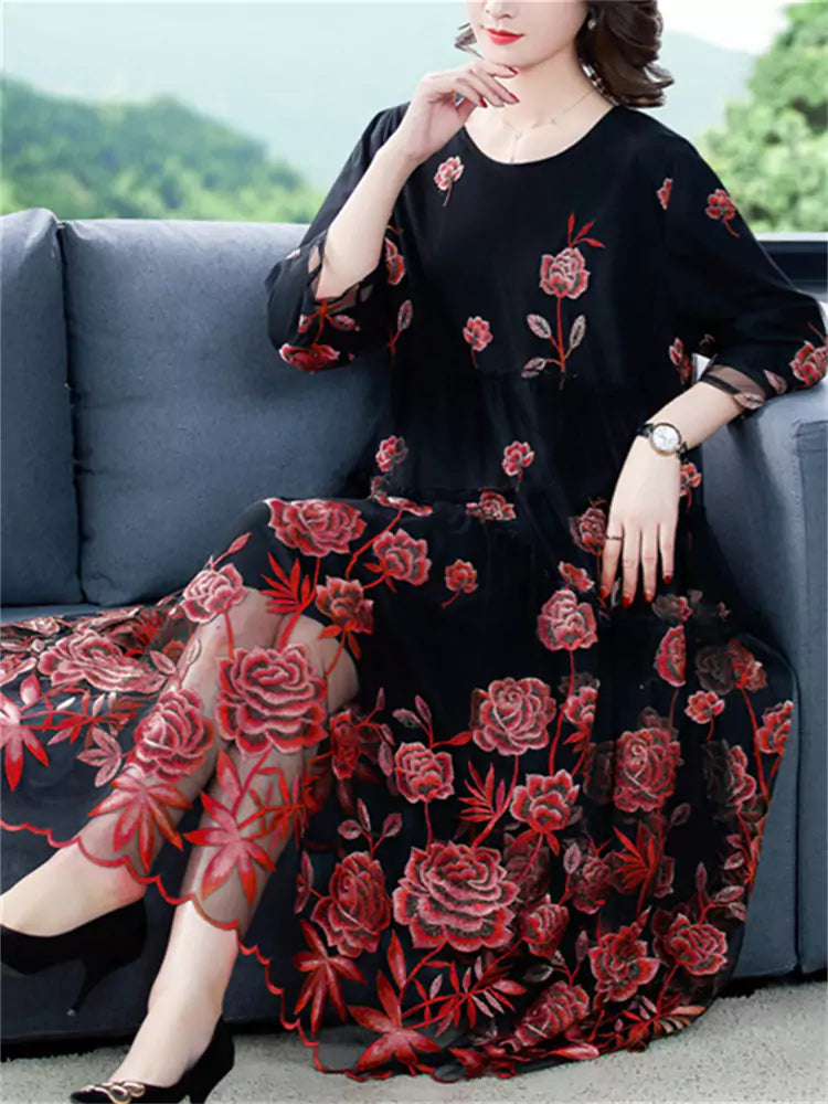 Elegant Floral Embroidery Loose Fit Tulle Midi Dress