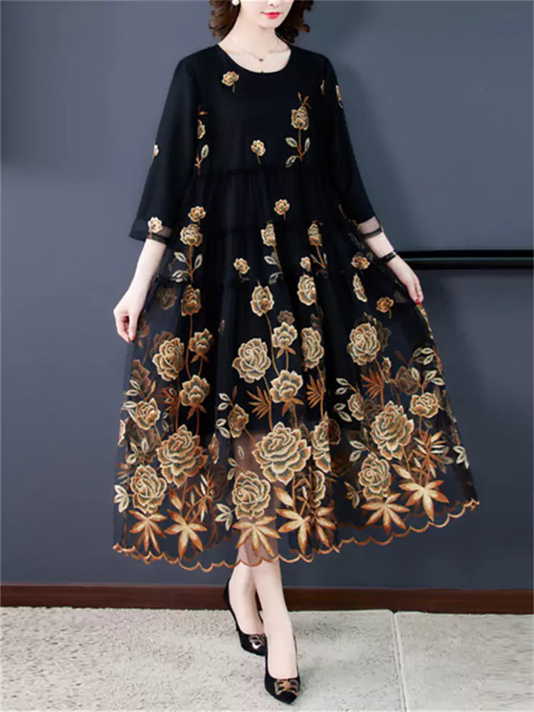 Elegant Floral Embroidery Loose Fit Tulle Midi Dress