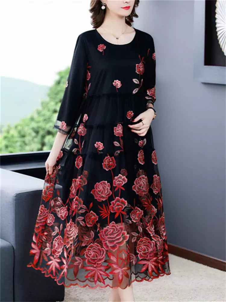 Elegant Floral Embroidery Loose Fit Tulle Midi Dress