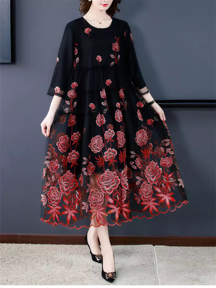 Elegant Floral Embroidery Loose Fit Tulle Midi Dress