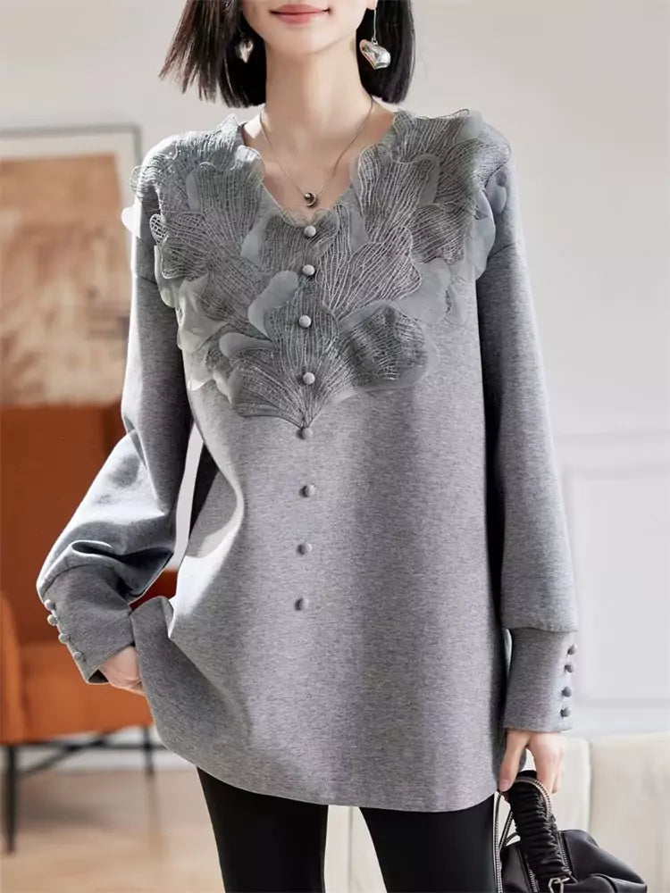 Sudadera elegante de manga larga con panel de encaje francés floral