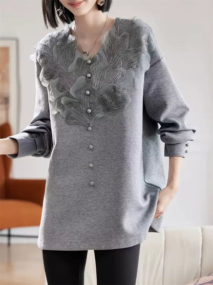 Sudadera elegante de manga larga con panel de encaje francés floral